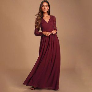 LULU'S Burgundy Long Sleeve Lace Maxi Dress XS